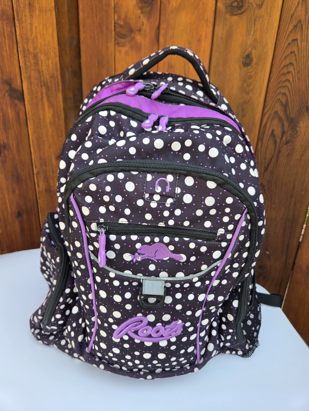Roots Large Polka Dot Laptop Backpack Purple Black Y2K School Travel